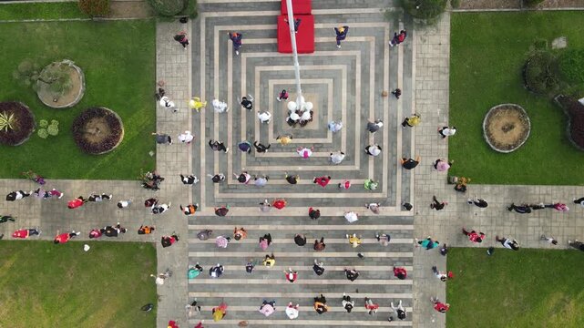 Aerial 4K Drone View of Singkawang City Hall with Crowd Gathering Area