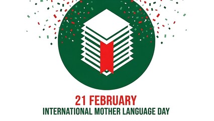 International Mother Language Day 21 February Greeting Card Design with Confetti and Book Icon
