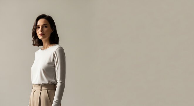 Elegant woman in a white shirt and beige pants posing in a studio setting.