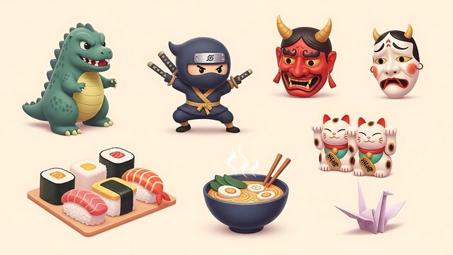 Colorful illustrated set of Japanese cultural icons, including food and characters