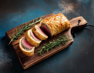 sliced beef wellington on wooden board with rosemary