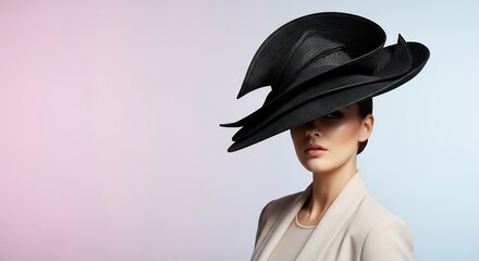 Elegant Woman in Black Hat Posing, Fashionable Portrait with Stylish Attire and Sophistication.
