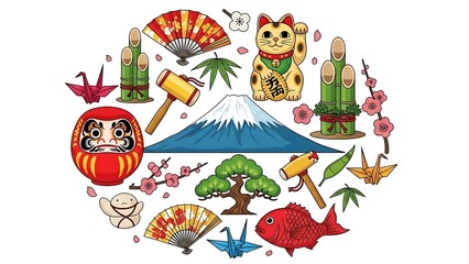 Fototapeta premium Colorful illustration of various Japanese cultural symbols arranged in a circular composition