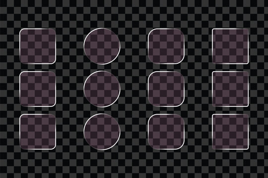 Elegant glass morphism UI design elements. Collection of transparent glass shapes with rounded corners on a checkered background. Glass rounded square button set on transparent background.