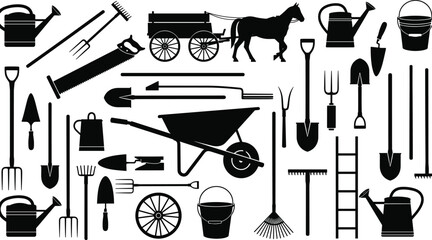 Gardening tools silhouettes, farm equipment collection, wheelbarrow shovel rake watering can icons, agriculture landscaping concept isolated on white background © Bappi Creatives