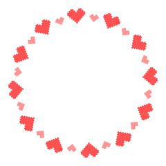 Obraz premium Round vector frame made of red and pink pixel hearts. Love frame design. Vector 8bit pixel illustration. Decorative heart template