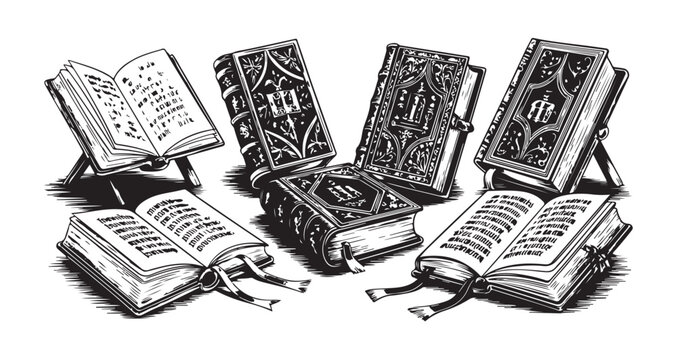 Collection of antique books with ornate covers resting on stands and open