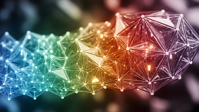 Polygonal structure with gradient color scheme with connecting lines and geometric facets - Powered by Adobe