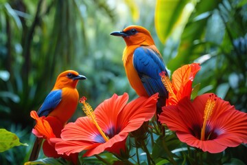 Tropical Birds and Hibiscus Flowers