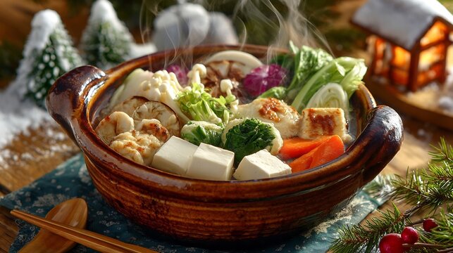 Japanese seafood hot pot nabe vegetables and tofu rustic clay pot background snowy mountain village cozy winter ambiance
