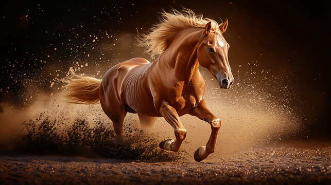 Majestic brown horse galloping through mud