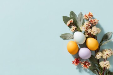 Colorful easter eggs and blossoms on light blue background