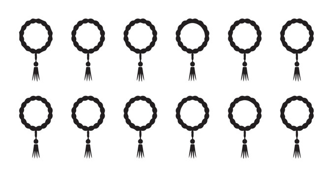 Muslim religious prayer beads tasbih or misbaha icon set black and white flat vector illustration