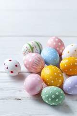 Obraz premium Colorful polka-dotted easter eggs on white wooden surface