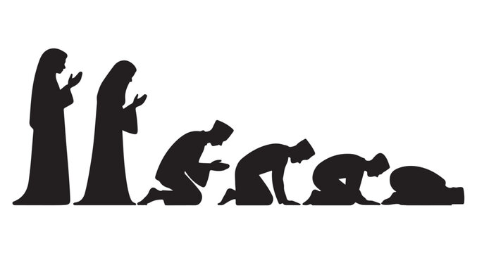 Sequence of Muslim prayer steps showing evolution of prostration in silhouette form