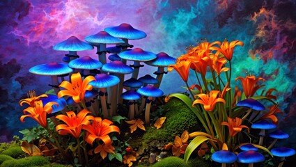 Psychedelic Mushroom and Lily Fantasy