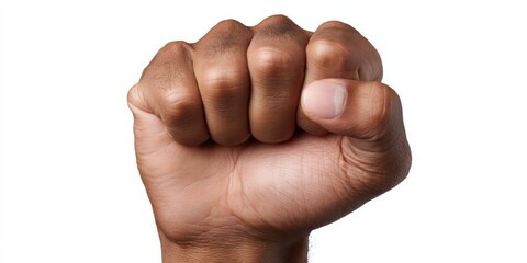 Close-up of african male adult fist raised against white background