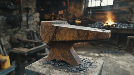 A weathered and heavily rusted anvil sits on a rough stone base in a dimly lit blacksmiths workshop with a blurred industrial background