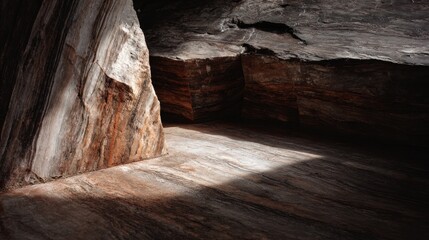 A deep stone background with layers is illuminated by a subtle beam of light creating focus within a business core space.