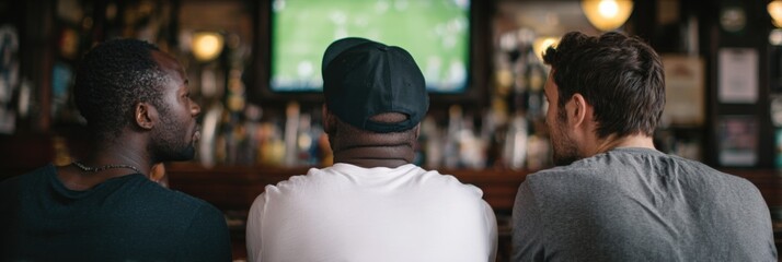 Three men watching sports game on tv in a bar setting