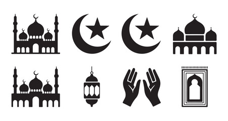 Obraz premium Collection of islamic icons with mosques crescent stars prayer hands and traditional devotion symbols