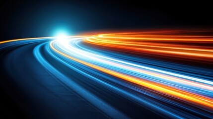 Abstract image of glowing light trails in blue and orange converging into a single bright point