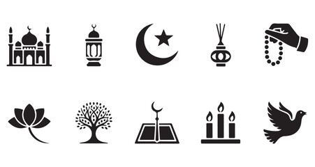 Fototapeta premium Universal religion and spiritual symbols set combining various faiths traditions and peace elements icons