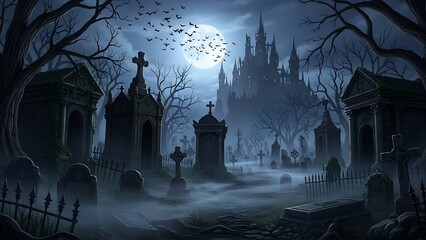 Eerie night scene with gothic castle, graveyard, full moon, spooky trees, and flying birds