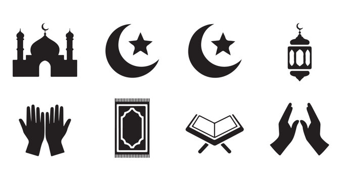 Monochrome islamic worship icons set with mosque crescent moon stars prayer hands and holy book