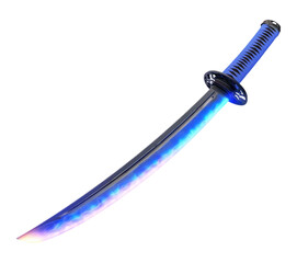 3d blue katana sword with rainbow blade transparent background, cutout png
