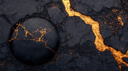 Abstract arrangement of polished black obsidian shards with glowing golden veins creating a textured dark background surface