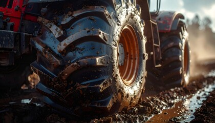 Tractor tire moving through muddy arable field