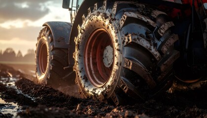 Tractor tires moving through mud at sunset