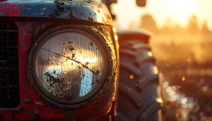 Dirty tractor headlight detail at golden hour sunset