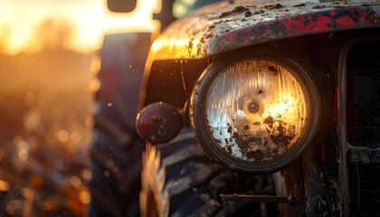 Old tractor headlamp reflecting golden sunset light