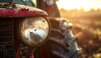Muddy tractor headlight with golden sunset light beaming