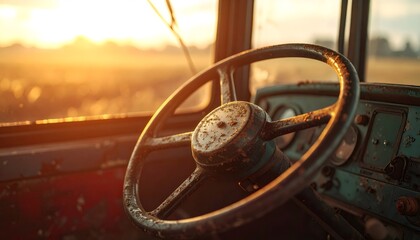 Vintage truck steering wheel at golden hour sunset