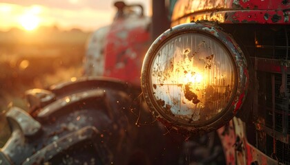 Old rusty tractor headlamp shining at sunset