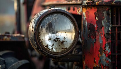 Old tractor headlight with broken glass and corroding metal