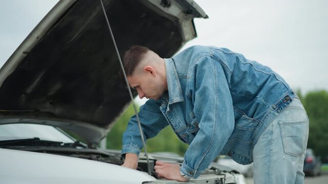 Youthful repair effort, Determined young Caucasian repairman fixing car under rain threat, Youthful Caucasian individual repairing vehicle engine with improvisation amid drizzle concerns