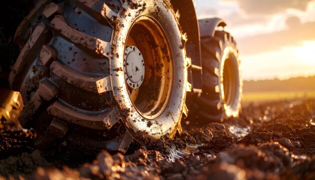 Tractor tires driving through mud in field at sunset