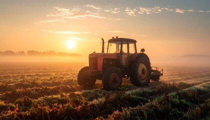 Tractor cultivating farm field at misty sunrise