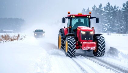 Red tractor plowing snow on a rural road