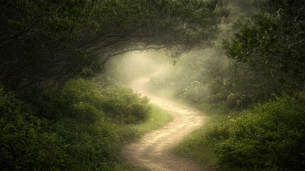 A winding dirt path disappears into dense fog within a lush green forest with sunlight filtering through the trees
