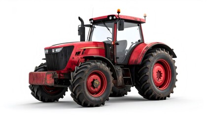 Red agricultural tractor on white background performing farming tasks