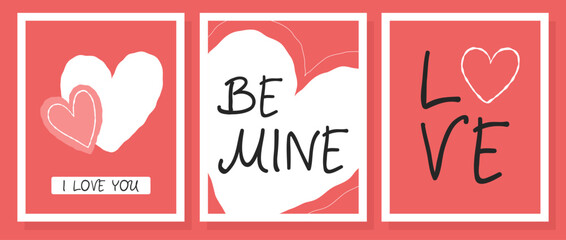 A set of three red love posters with cute doodle hearts. Love card design. Happy Valentine's day