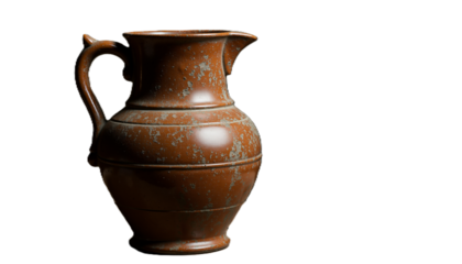 Vintage brown ceramic pitcher with a rustic design on white background  