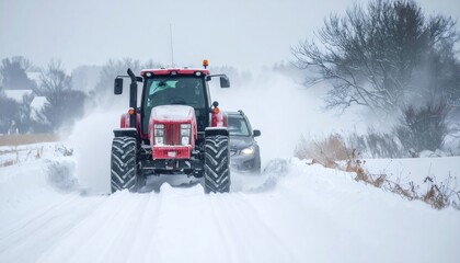 Red tractor plowing snow liberating car during blizzard