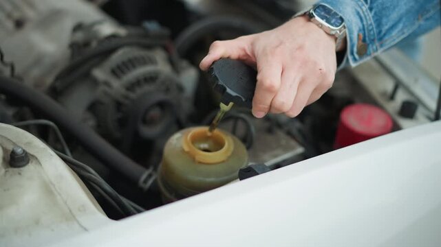 Driver inspecting brake fluid reservoir under hood. Closeup of hands in denim jacket removing cap, revealing yellow reservoir and red battery cap, alternator and hoses in background, careful