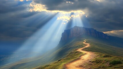 A winding mountain path illuminated by dramatic sunbeams breaking through stormy clouds creating an inspiring and hopeful landscape scene